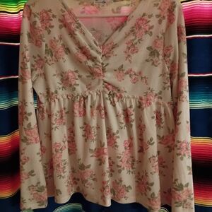 Cream Floral Ruched Babydoll Blouse with Pink Roses